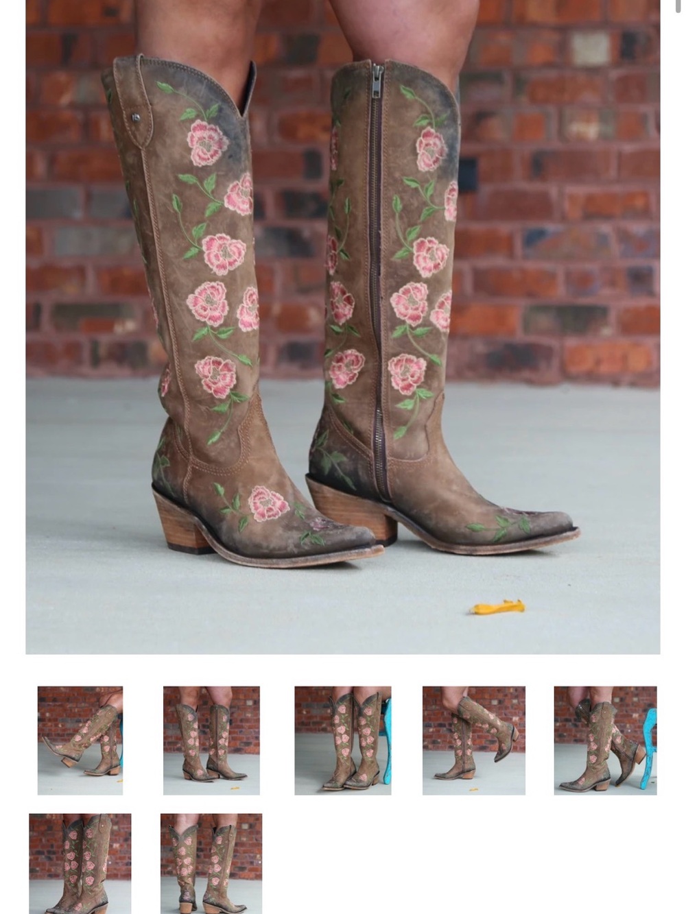 LIBERTY Black Brown Leather Cowboy Boots with Pink Floral Embroidery